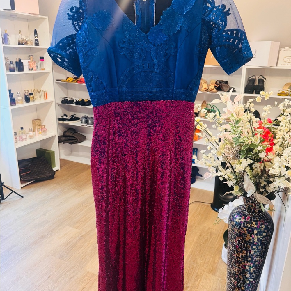 Elegant Blue and Red Lace Maxi Dress
